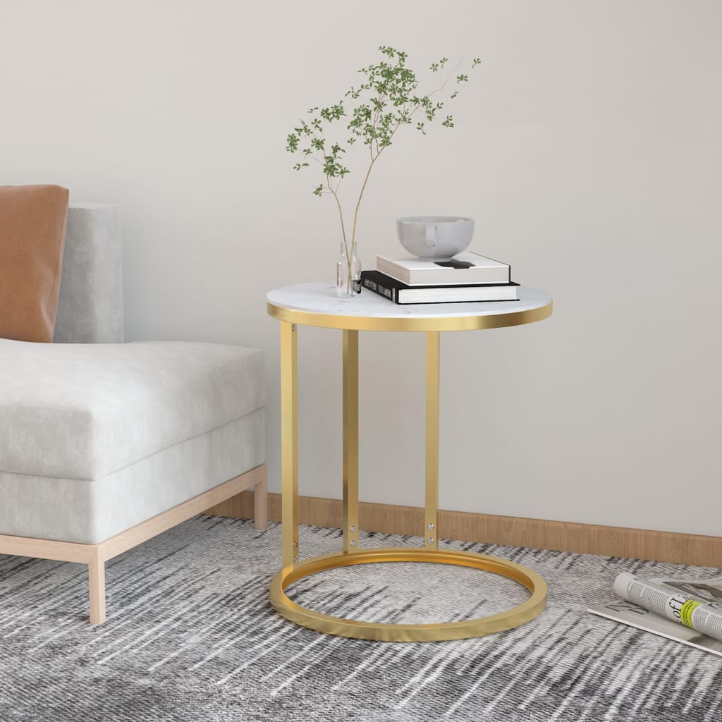 Sidebord gull og hvit marmor 45 cm herdet glass