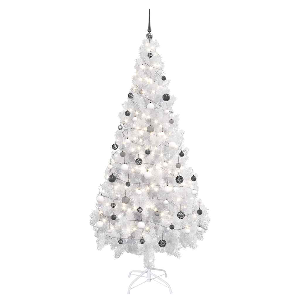 Forhåndsbelyst kunstig juletre med kulesett hvit 180 cm PVC