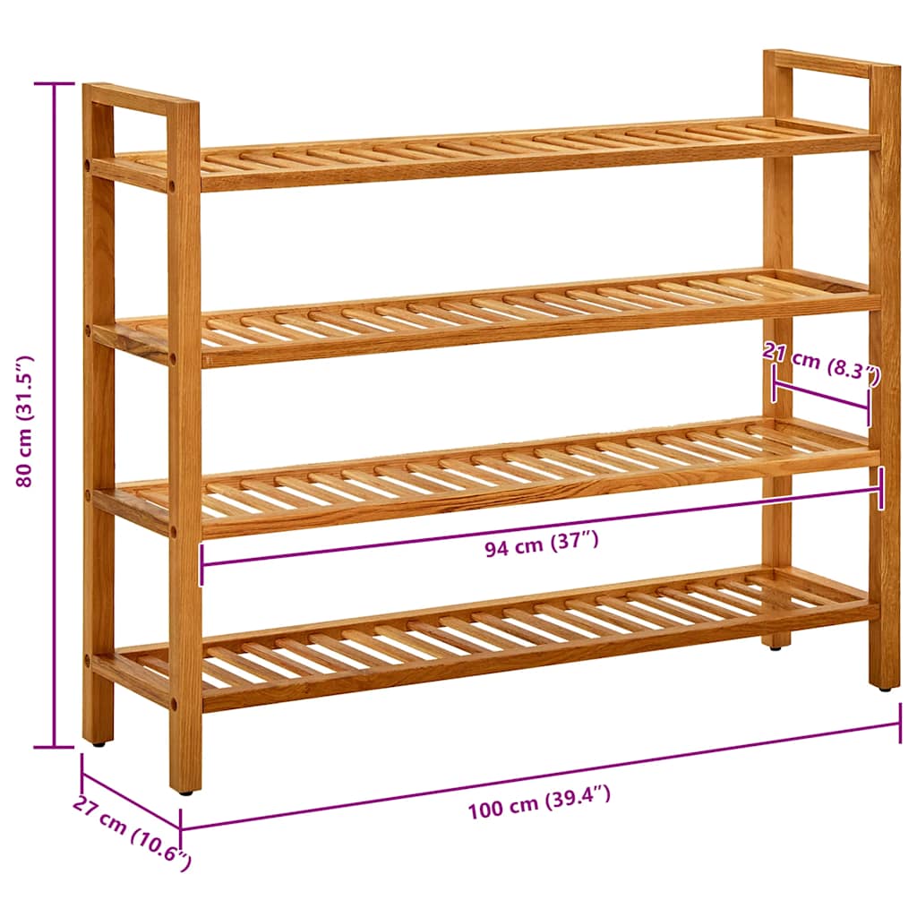 Skostativ med 4 hyller 100x27x80 cm heltre eik vidaXL