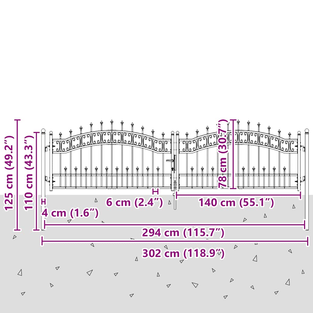 Gjerdeport KAMPEN med spydtopp svart 302x78 cm stål