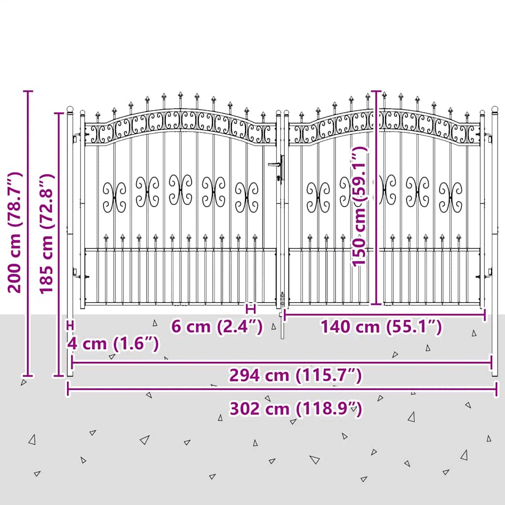 Gjerdeport KAMPEN med spydtopp svart 302x150 cm stål
