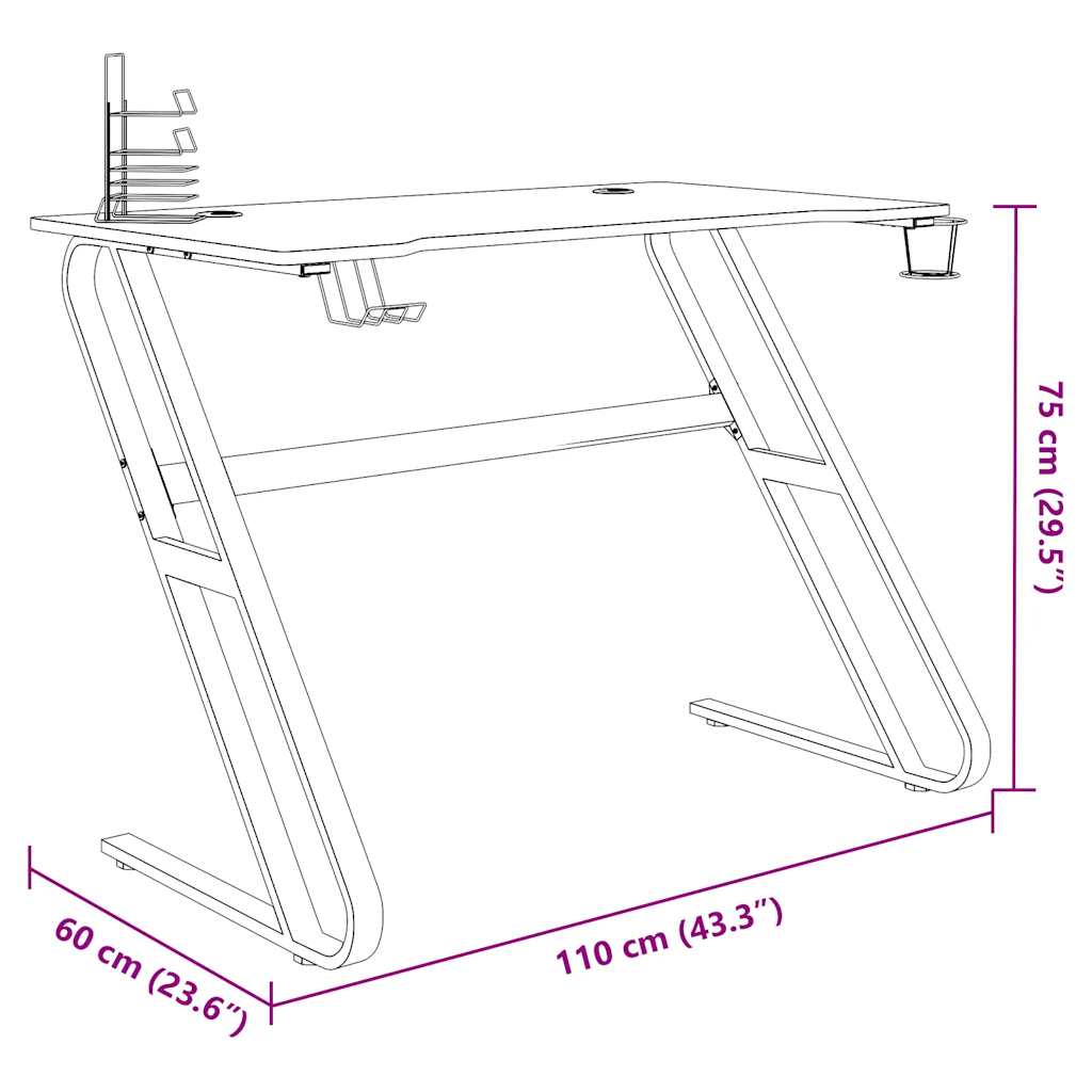 Gamingbord med ZZ-formede ben svart 110x60x75 cm