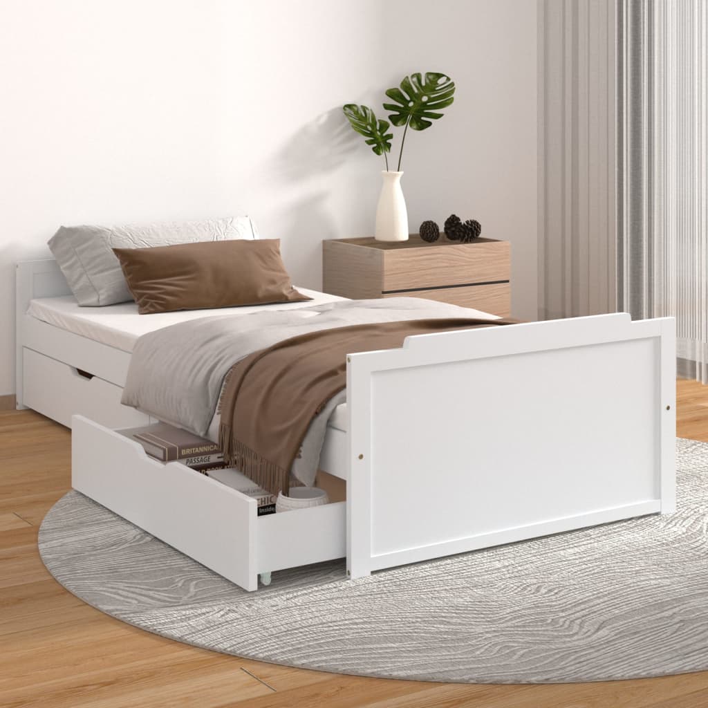 Sengeramme med skuffer hvit heltre furu 90x200 cm