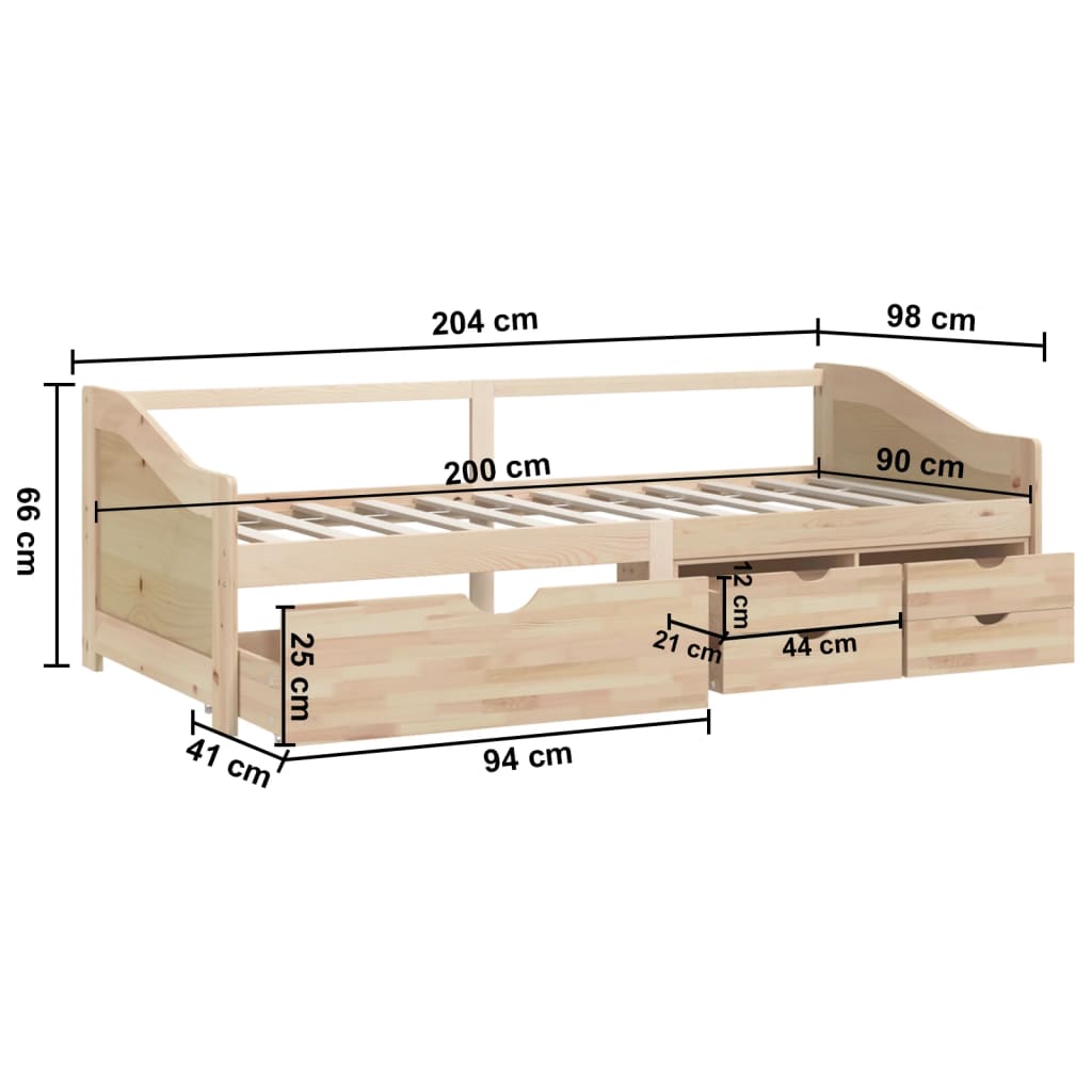 Sengeramme 3 seter med skuffer heltre furu 90x200 cm