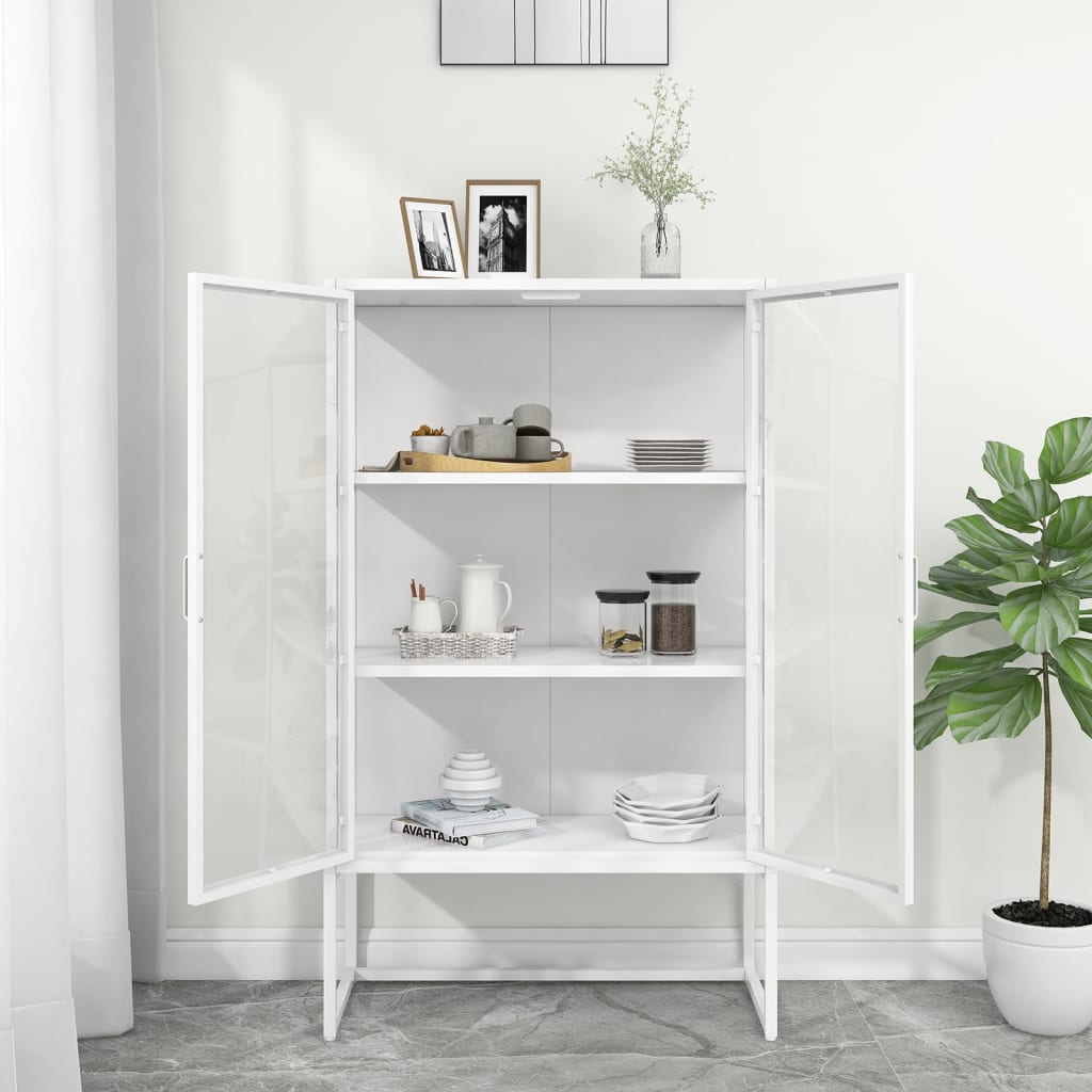 Highboard hvit 80x35x135 cm stål og herdet glass