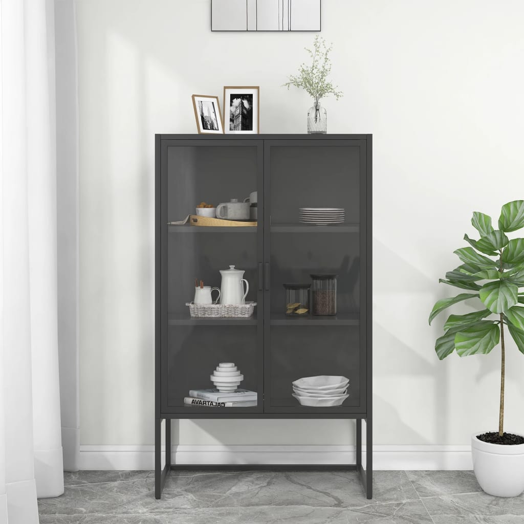 Highboard antrasitt 80x35x135 cm stål og herdet glass