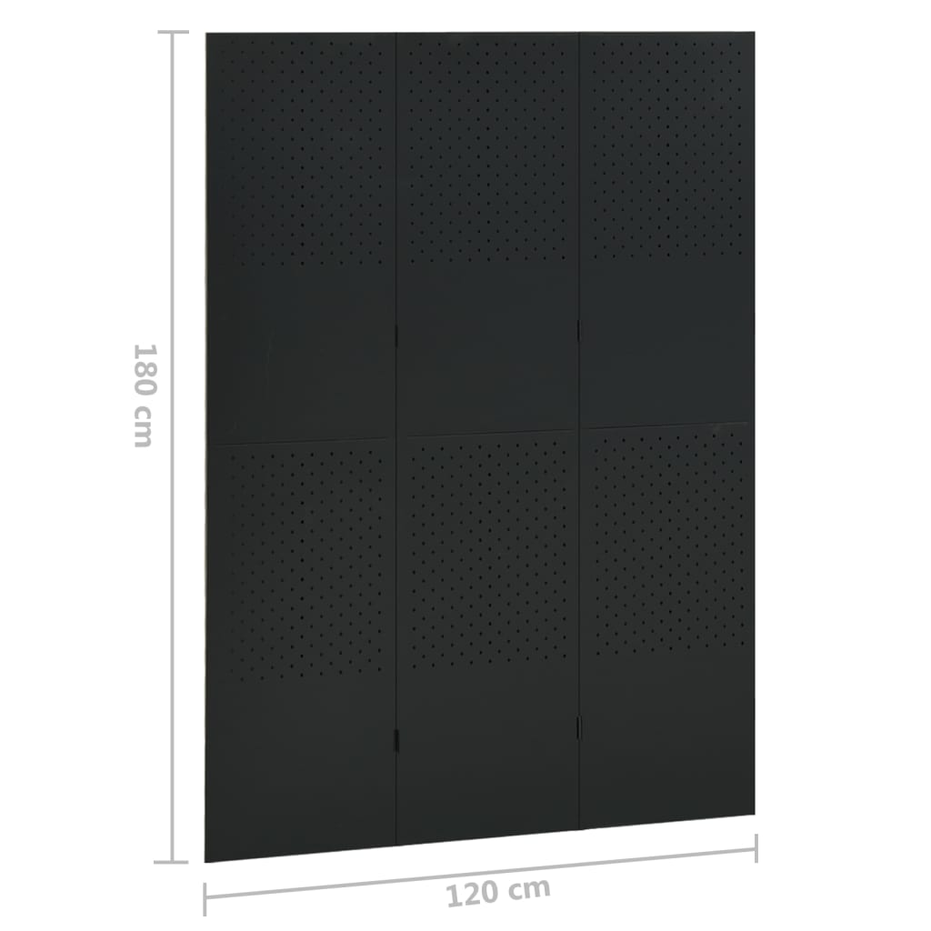 Romdeler 3 paneler svart 120x180 cm stål