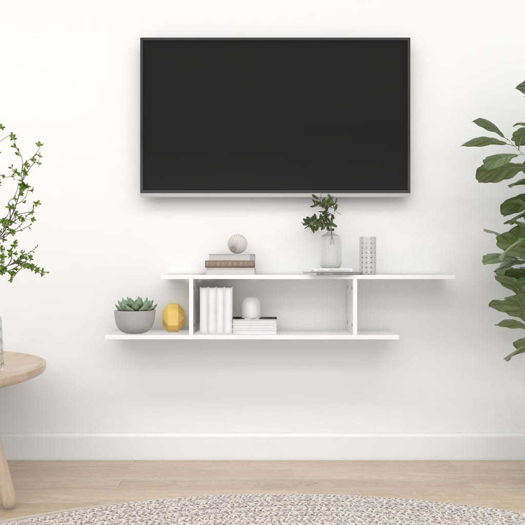 Veggmontert TV-hylle hvit 125x18x23 cm konstruert tre