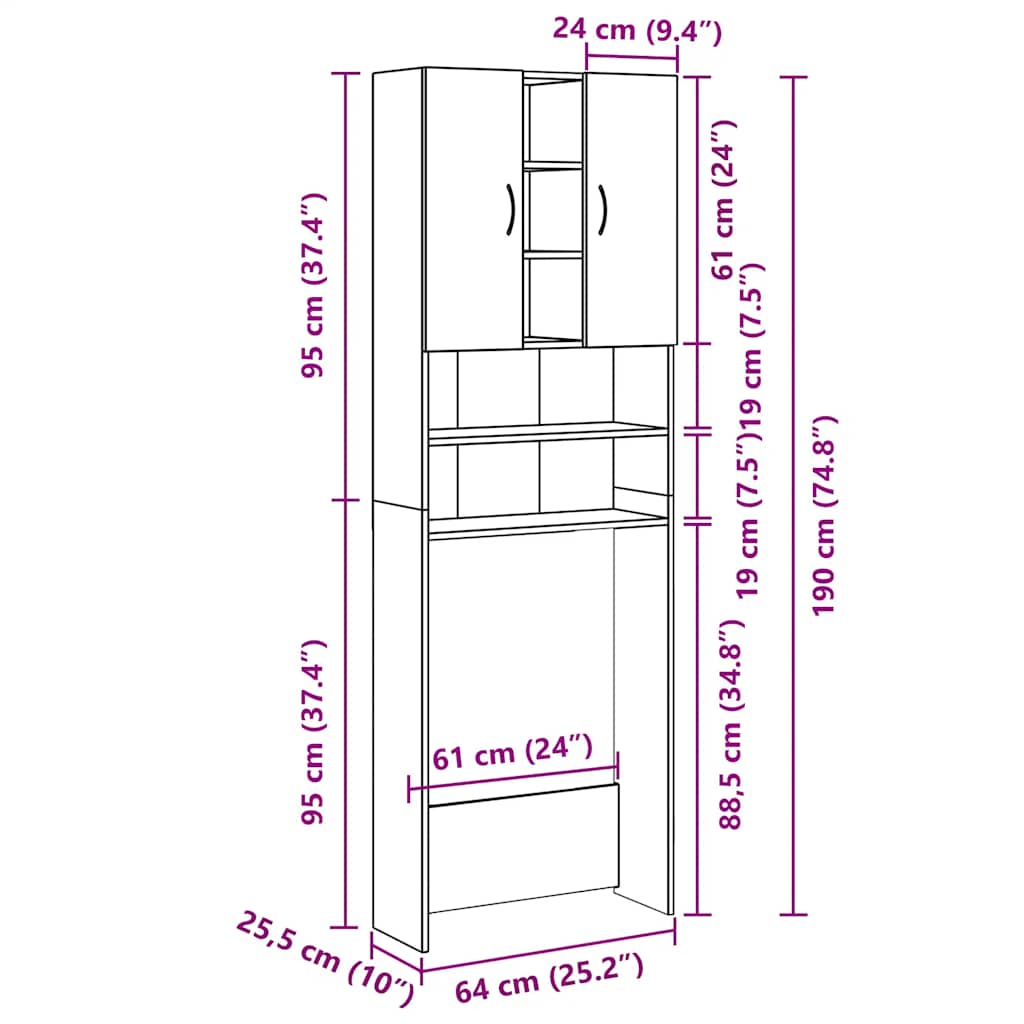 Vaskemaskinskap sonoma eik 64x25,5x190 cm