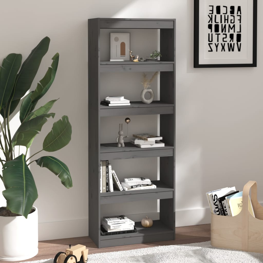 Bokhylle/romdeler grå 60x30x167,5 cm heltre furu