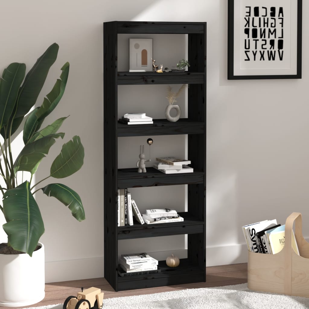 Bokhylle/romdeler svart 60x30x167,5 cm heltre furu