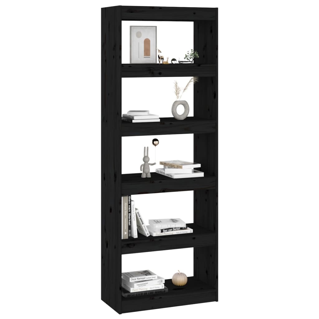 Bokhylle/romdeler svart 60x30x167,5 cm heltre furu