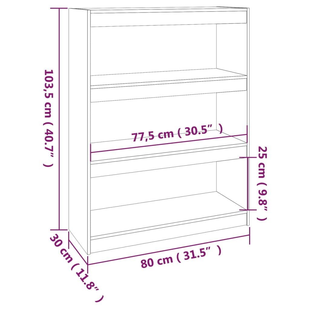 Bokhylle/romdeler svart 80x30x103,5 cm heltre furu