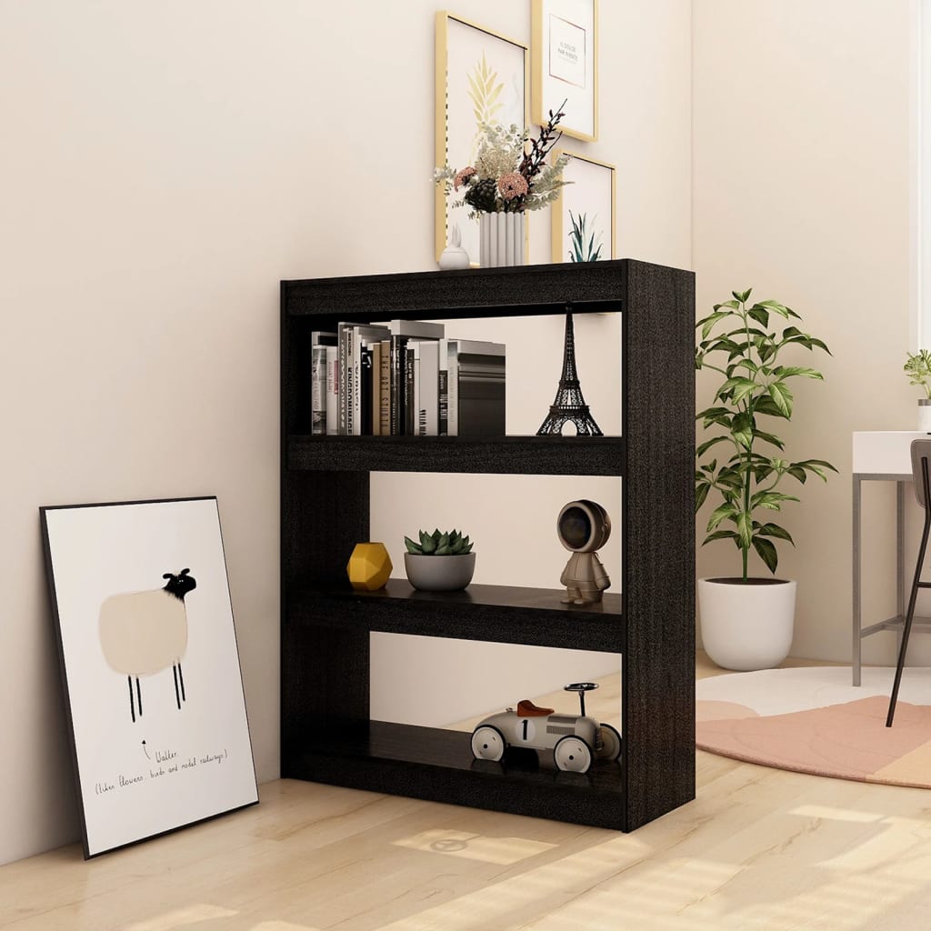 Bokhylle/romdeler svart 100x30x103 cm heltre furu