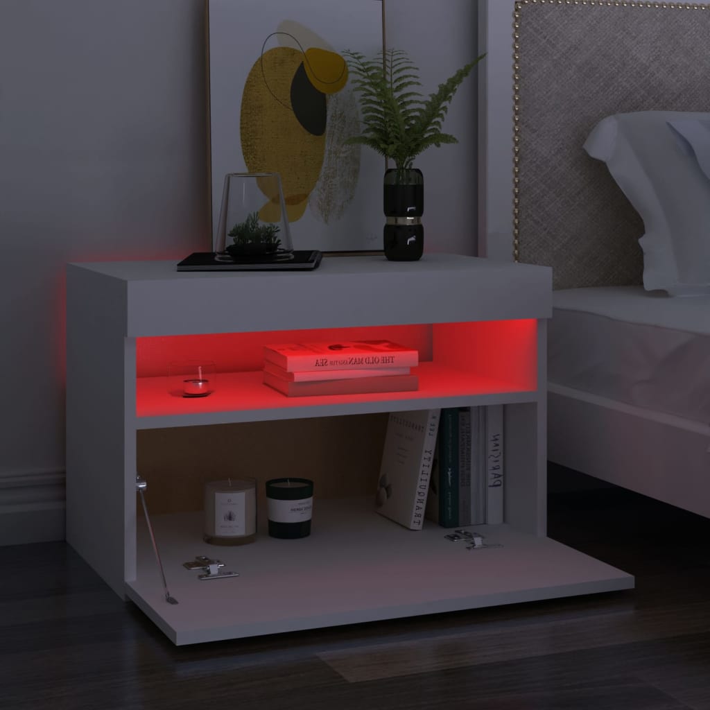 Nattbord med LED-lys hvit 60x35x40 cm konstruert tre
