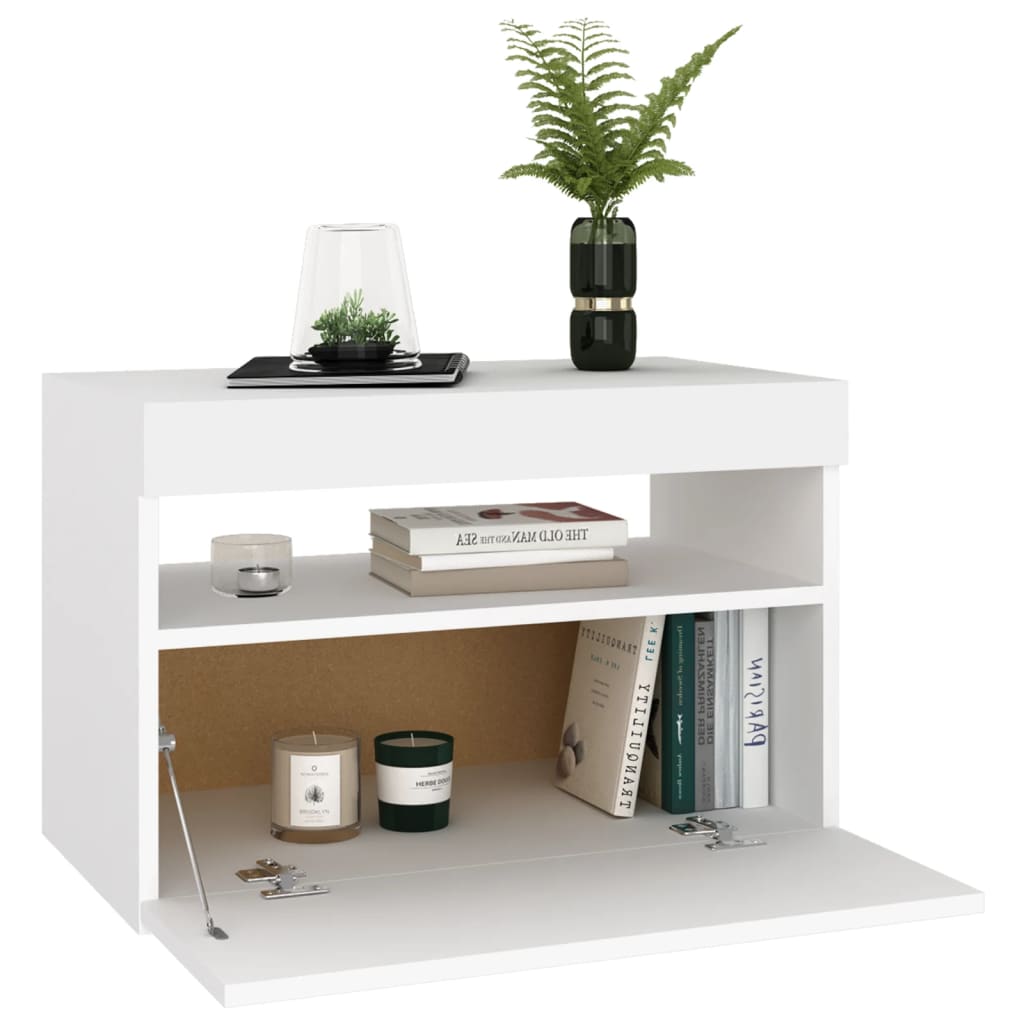 Nattbord med LED-lys hvit 60x35x40 cm konstruert tre