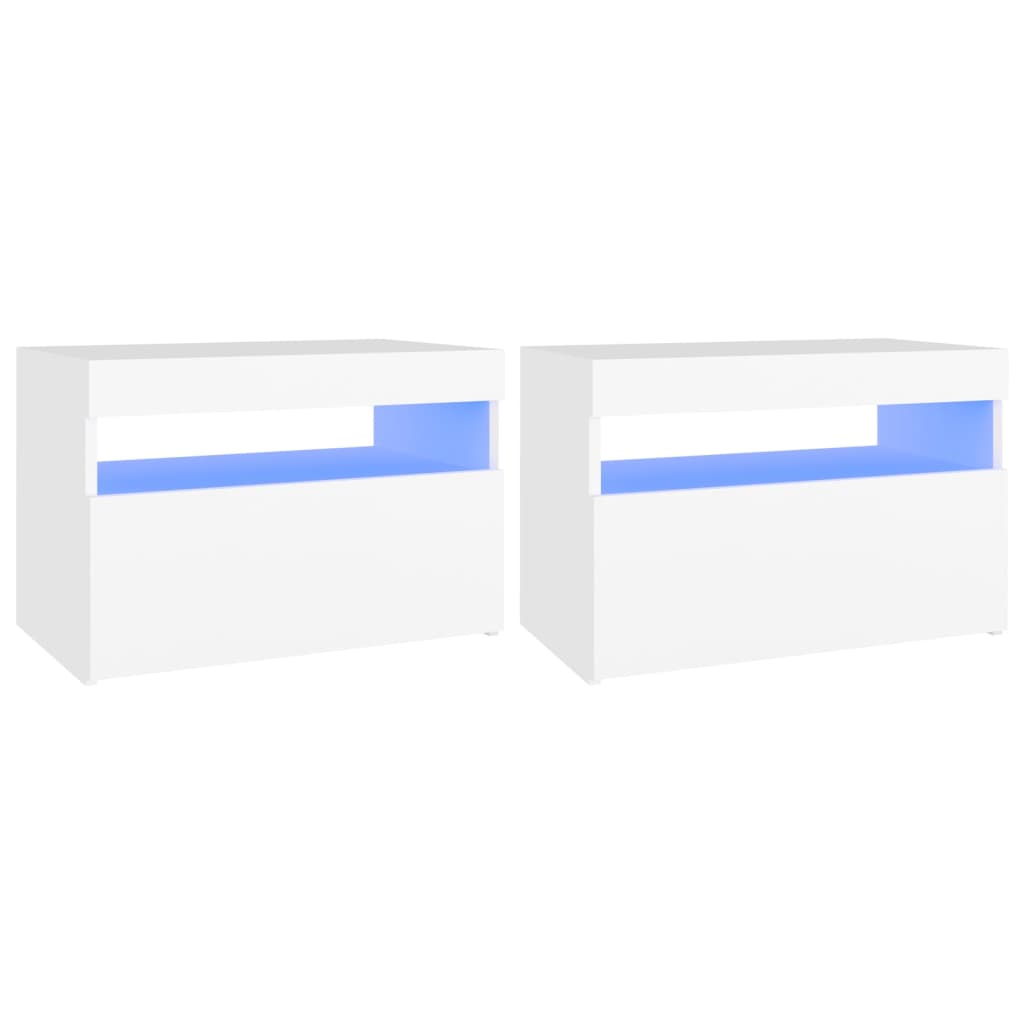 Nattbord med LED-lys 2 stk hvit 60x35x40 cm konstruert tre