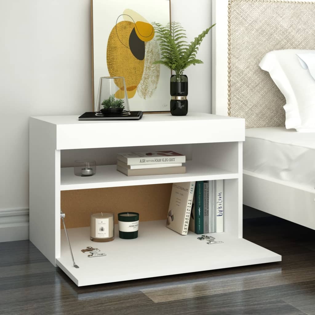 Nattbord med LED-lys 2 stk hvit 60x35x40 cm konstruert tre