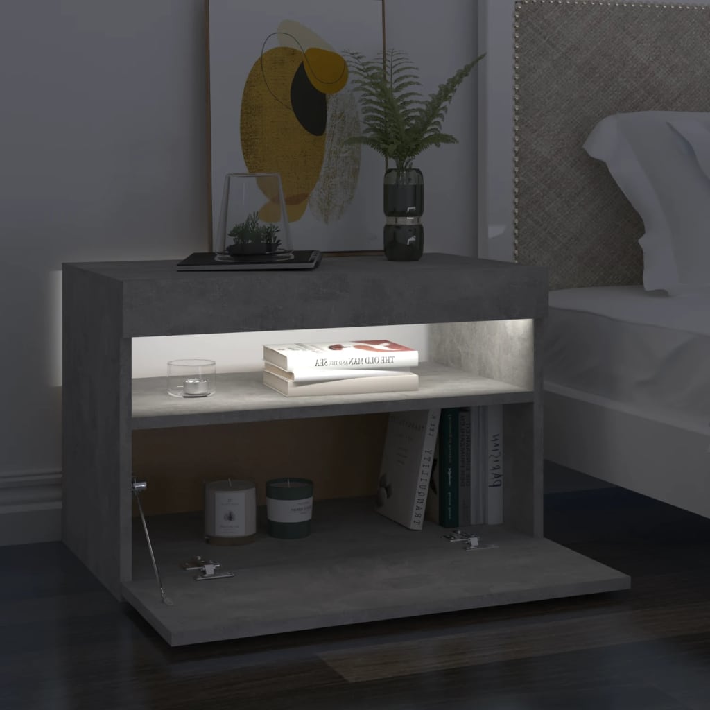 Nattbord & LED-lys betonggrå 60x35x40 cm