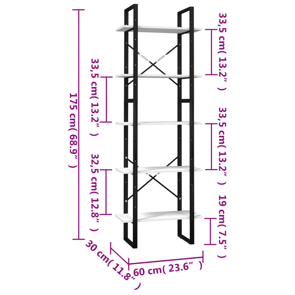 Bokhylle 5 nivåer hvit 60x30x175 cm heltre furu