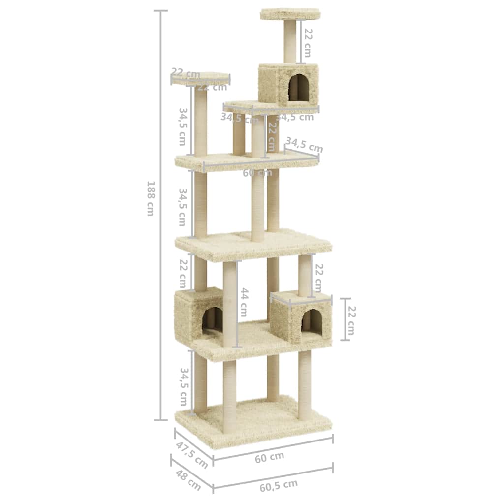 Kattetre med klorestolper i sisal kremhvit 188 cm