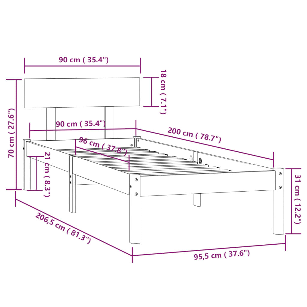 Sengeramme heltre furu 90x200 cm