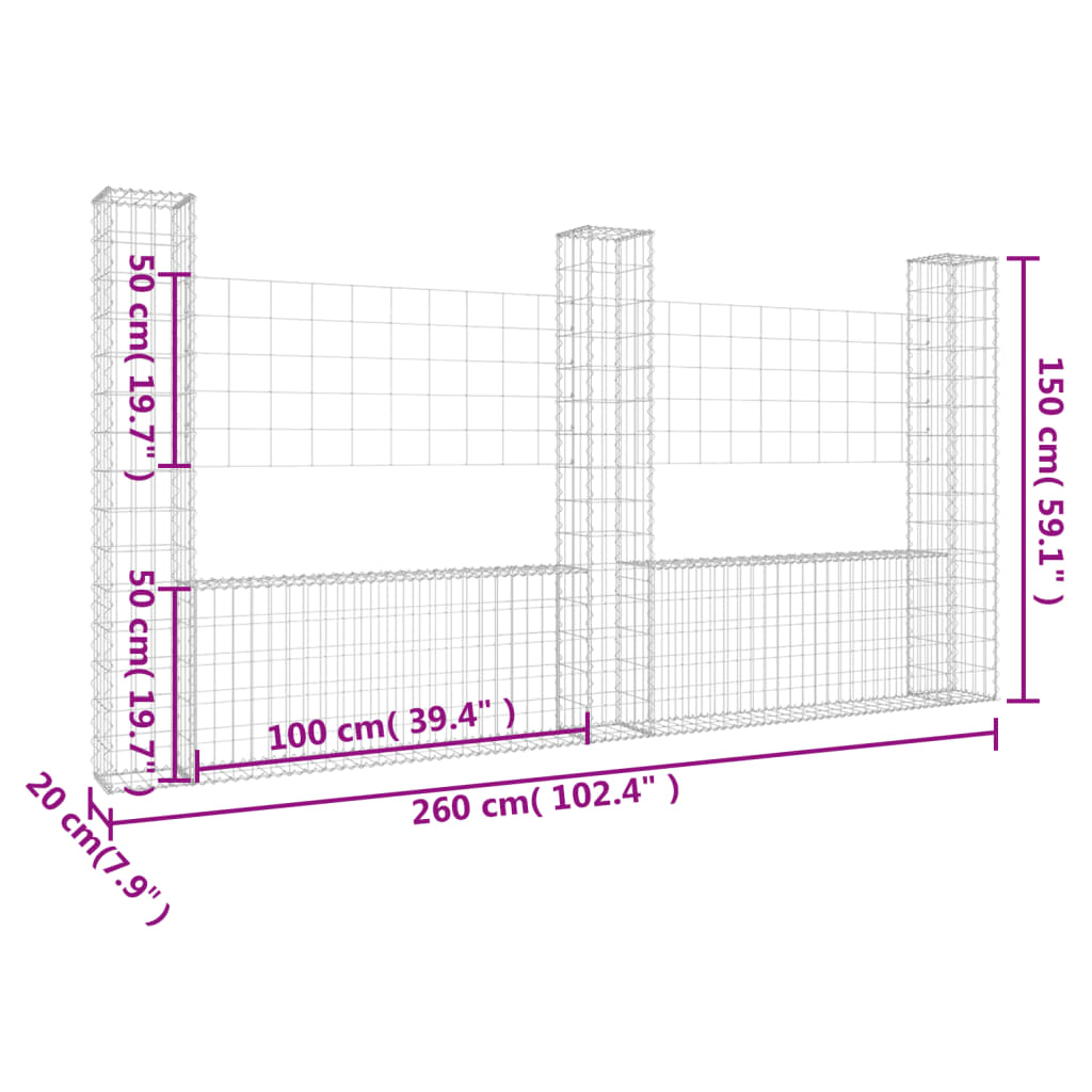 Gabionkurv u-formet med 3 stolper 260x20x150 cm jern