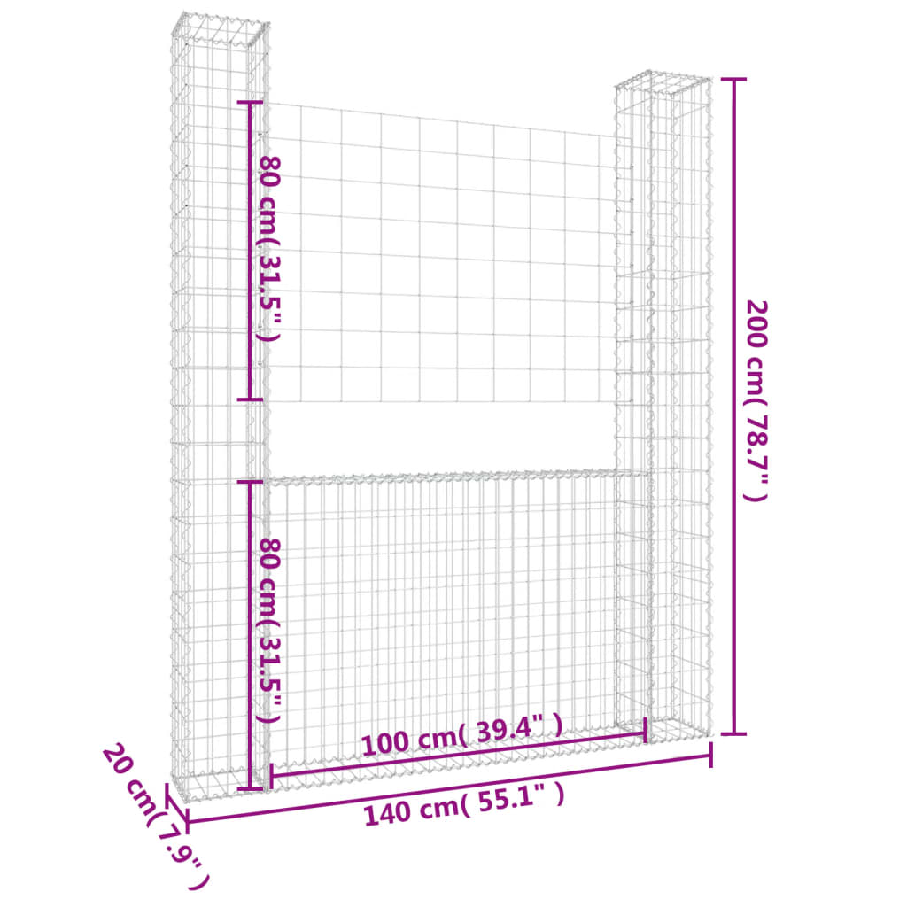 Gabionkurv u-formet med 2 stolper jern 140x20x200 cm