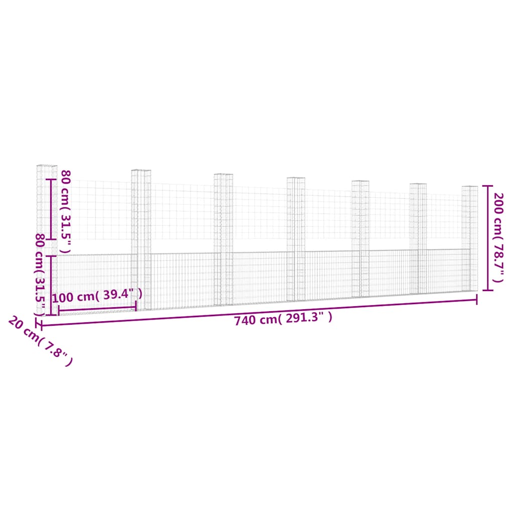 Gabionkurv u-formet med 7 stolper jern 740x20x200 cm