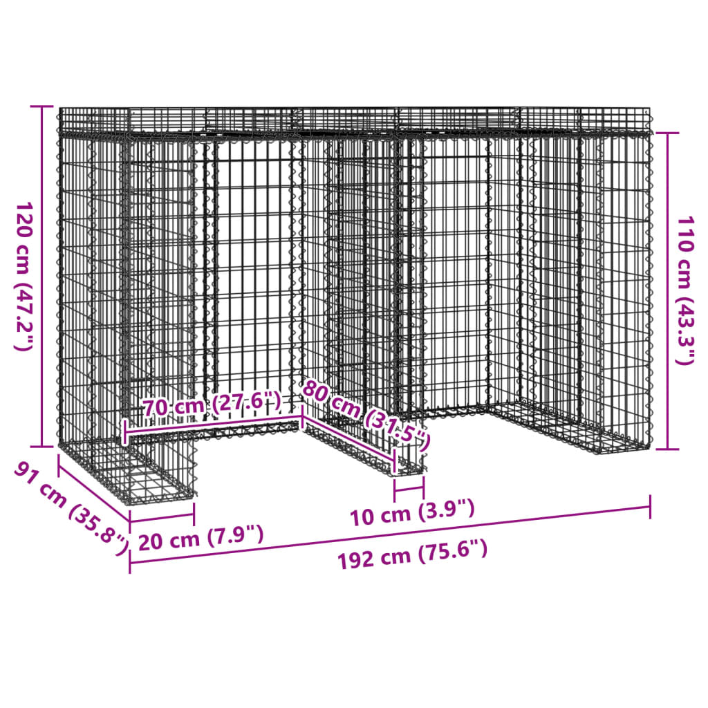 Gabionvegg for søppelkasse 192x91x120 cm galvanisert jern