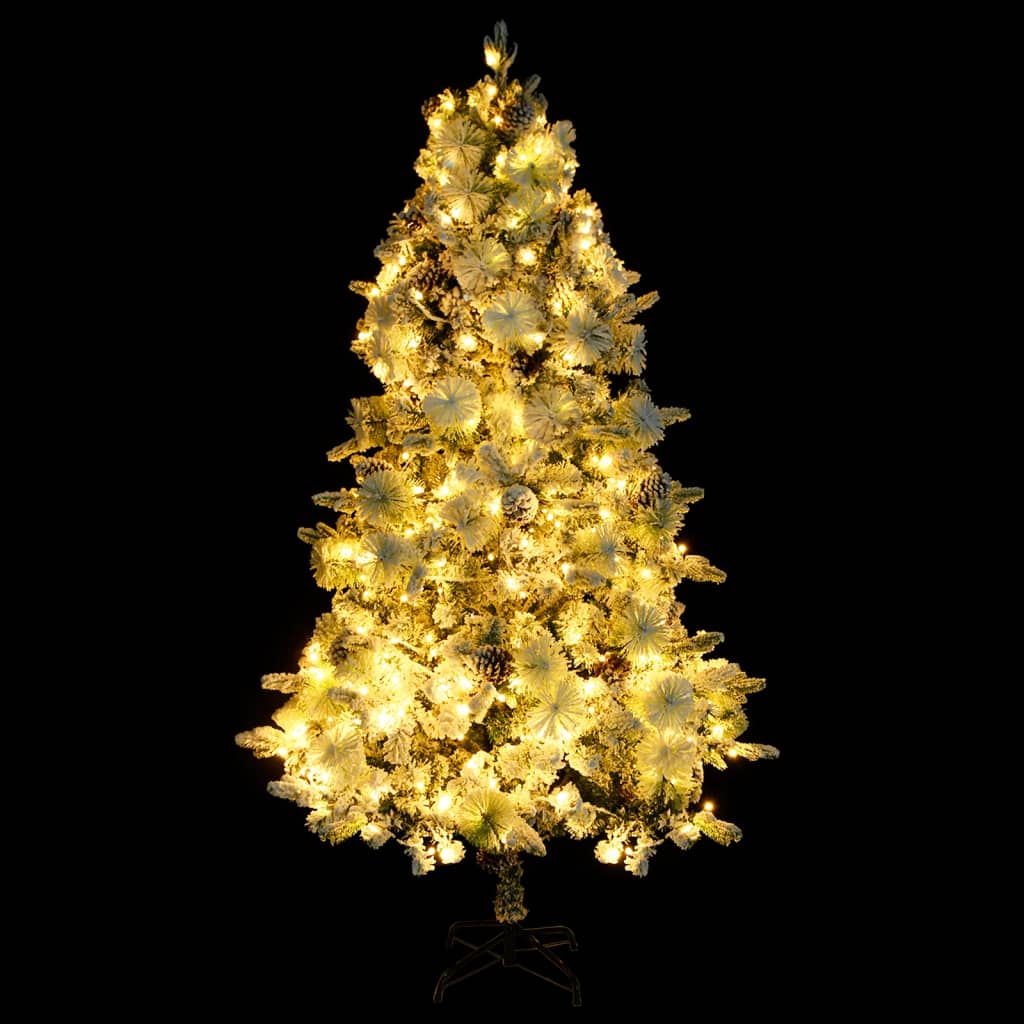 Forhåndsbelyst juletre flokket snø og kongler 195 cm PVC og PE