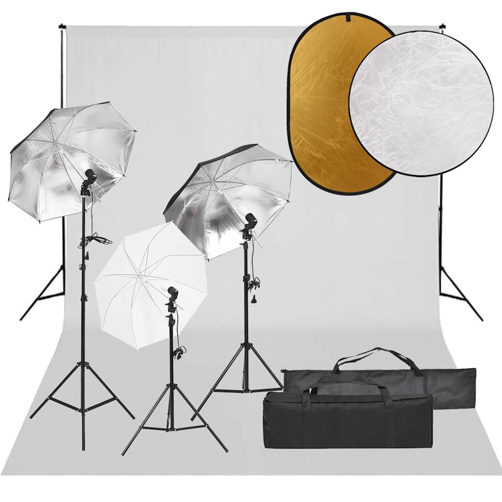 Fotostudiosett med lyssett, bakgrunn og reflektor