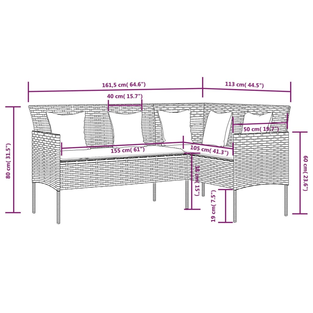 Sofa L-formet med puter polyrotting brun