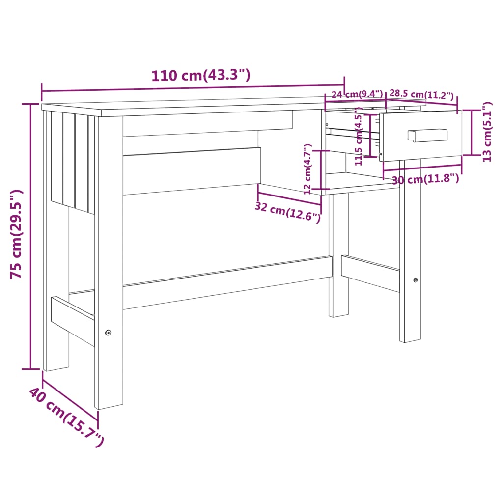 Skrivebord HAMAR lysegrå 110x40x75 cm heltre furu