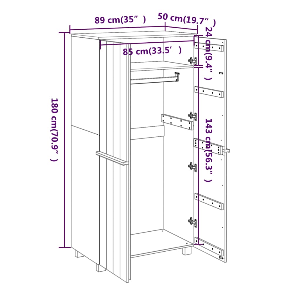 Garderobe HAMAR honningbrun 89x50x180 cm heltre furu