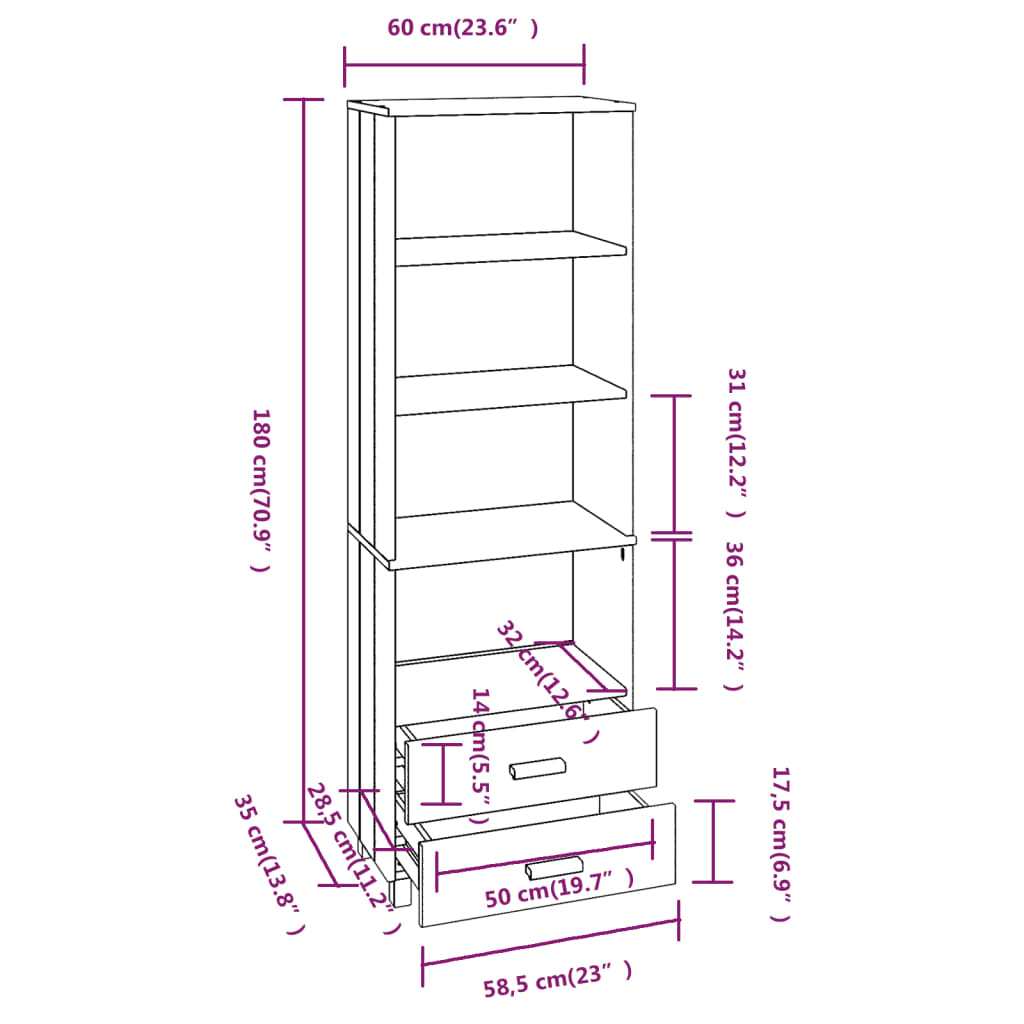 Highboard HAMAR lysegrå 60x35x180 cm heltre furu