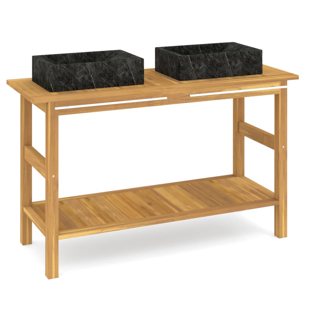 Baderomshylle med svarte marmorvasker heltre teak