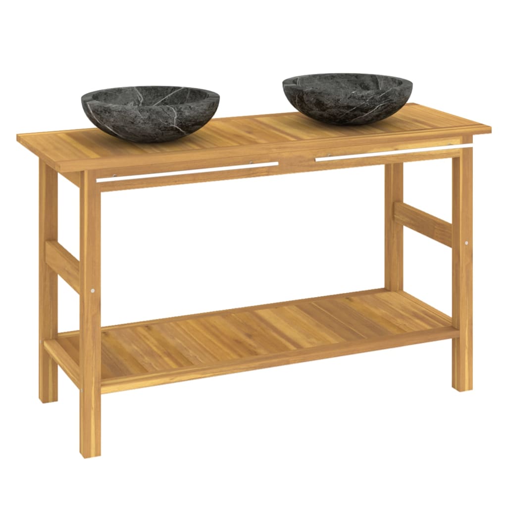 Baderomshylle med svarte marmorvasker heltre teak