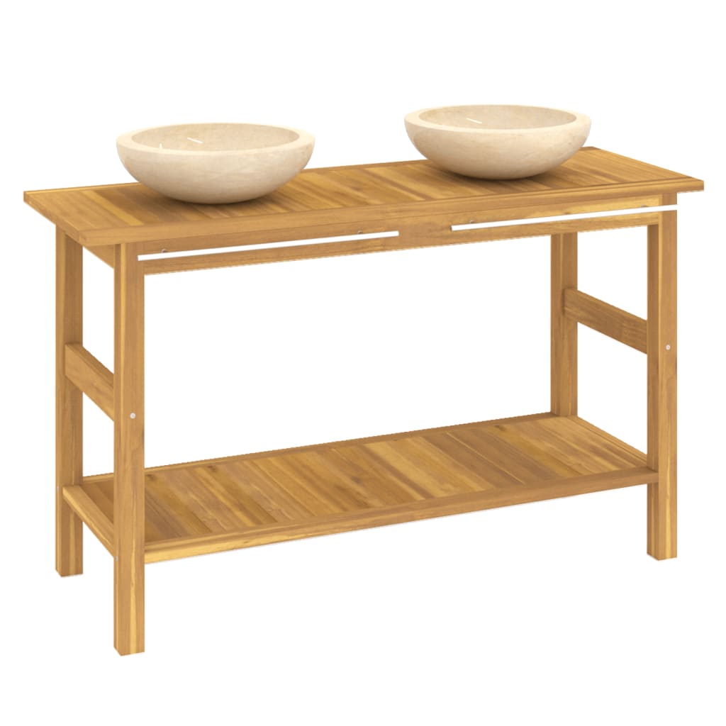 Baderomshylle med kremhvite marmorvasker heltre teak
