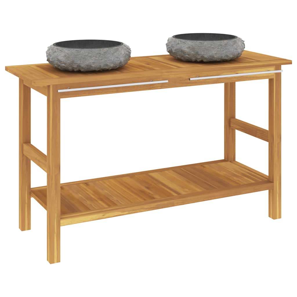 Baderomshylle med svarte marmorvasker heltre teak