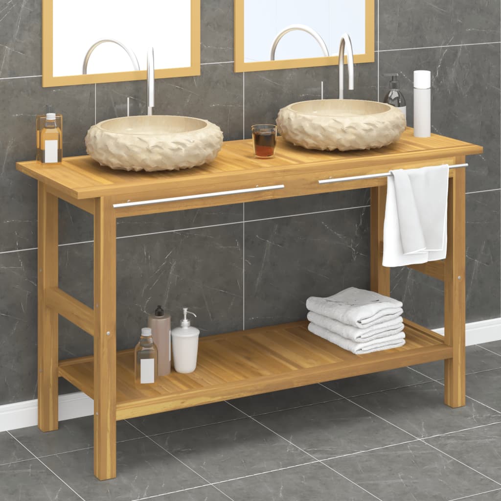 Baderomshylle med kremhvite marmorvasker heltre teak
