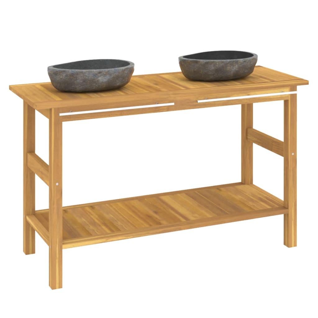 Baderomshylle med vasker i elvestein heltre teak