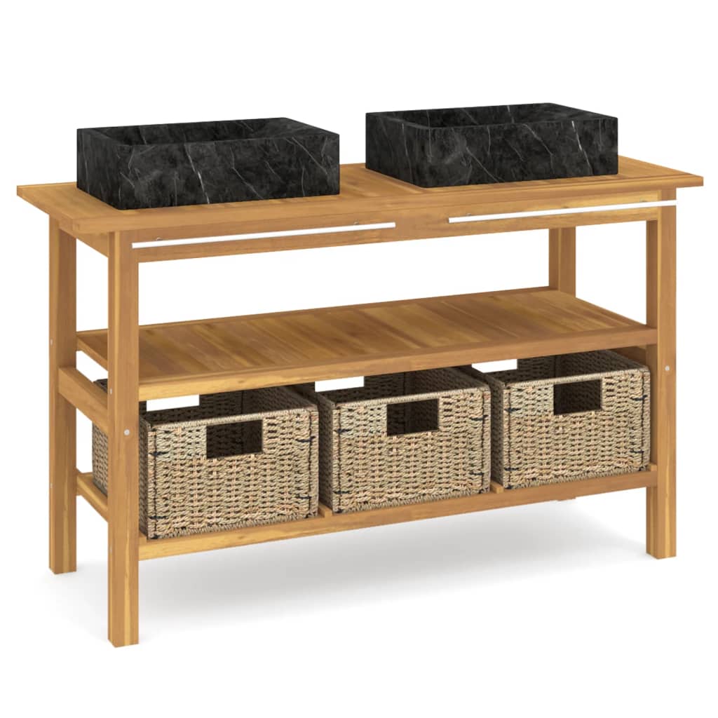 Baderomshylle med svarte marmorvasker heltre teak
