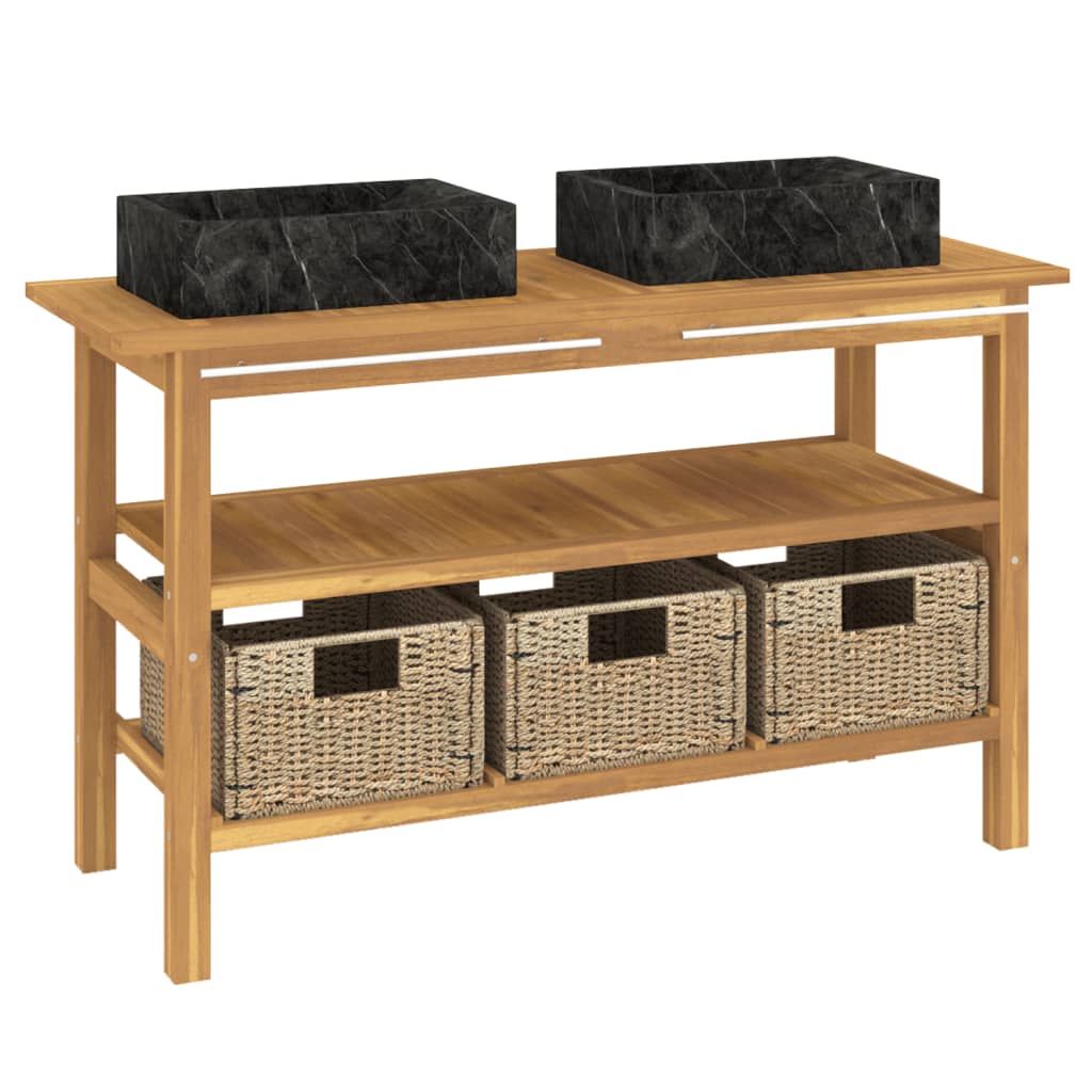 Baderomshylle med svarte marmorvasker heltre teak