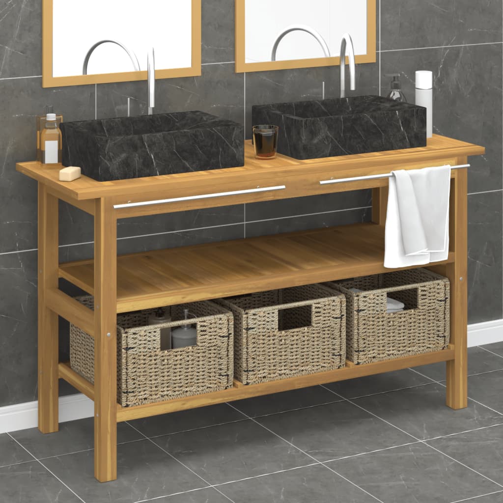Baderomshylle med svarte marmorvasker heltre teak