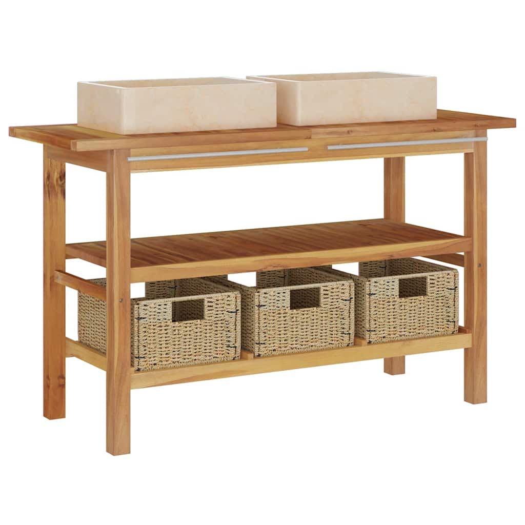 Baderomshylle med kremhvite marmorvasker heltre teak