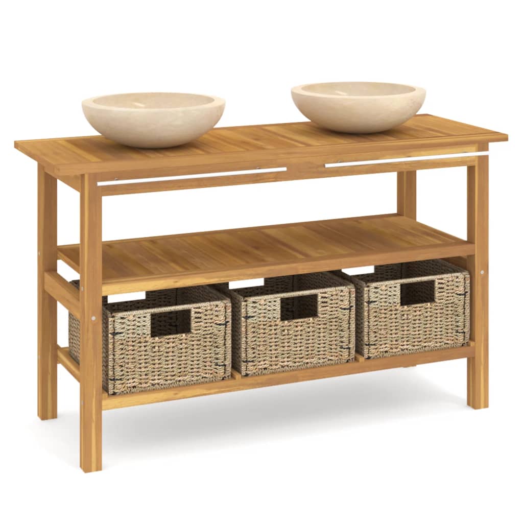 Baderomshylle med kremhvite marmorvasker heltre teak