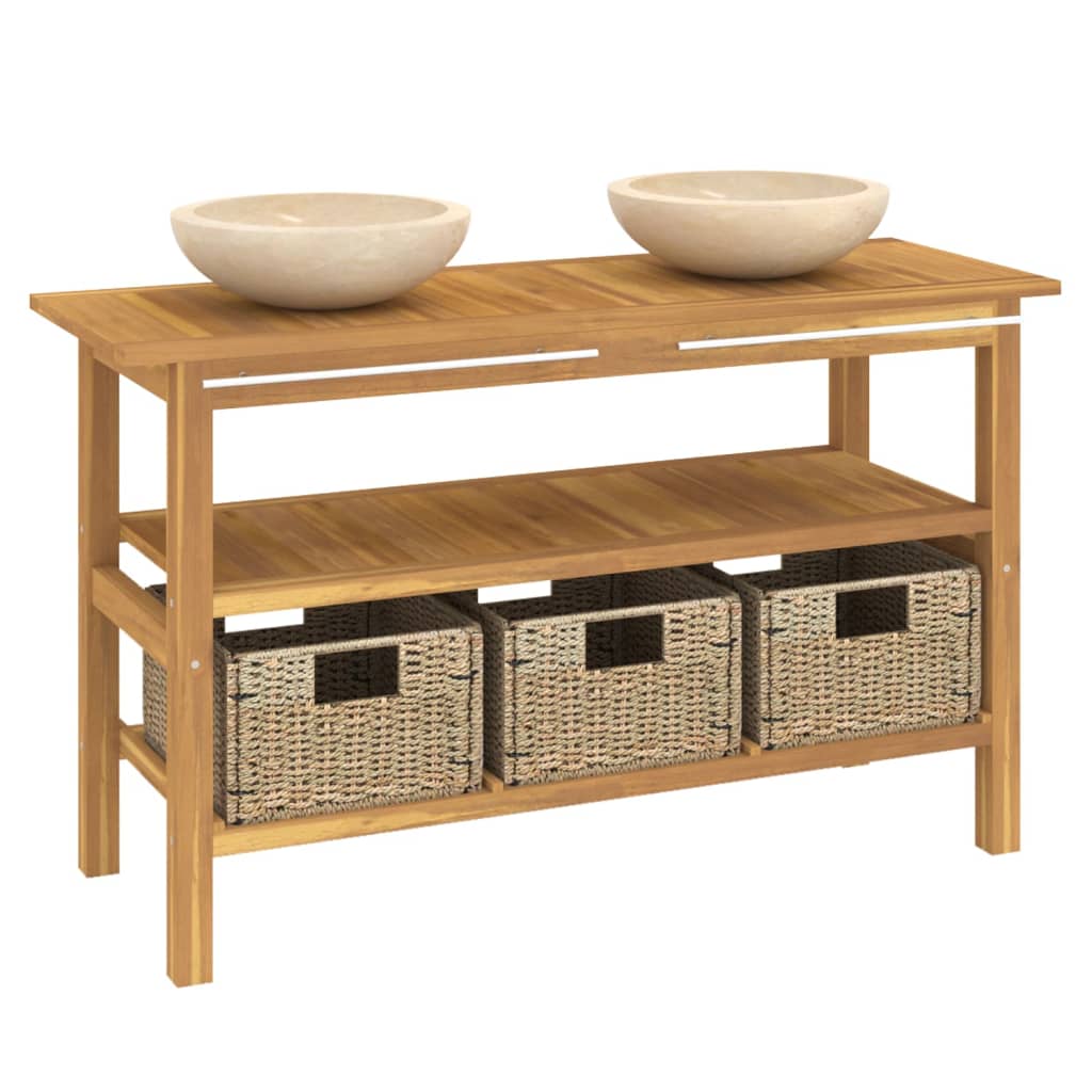 Baderomshylle med kremhvite marmorvasker heltre teak