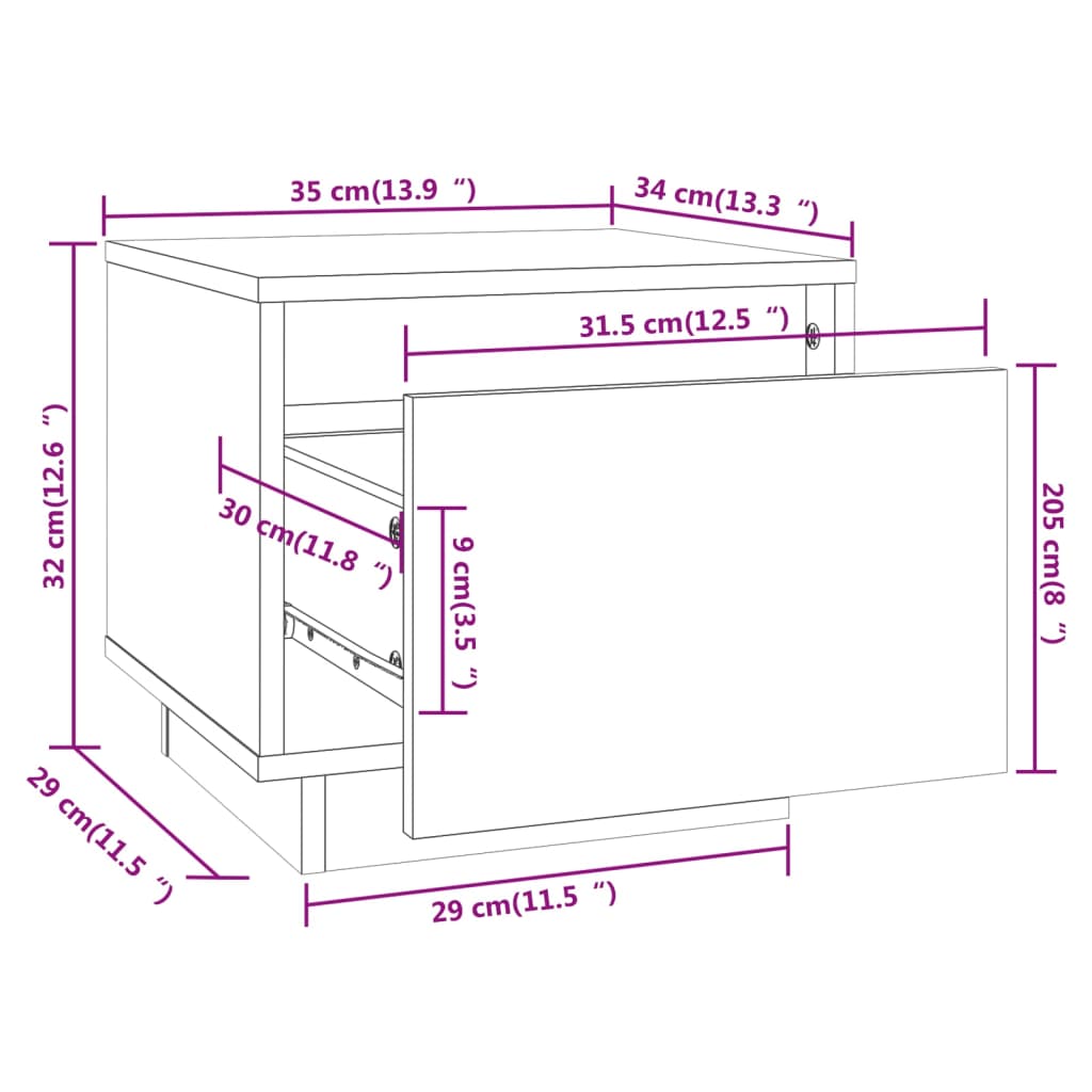 Nattbord hvit 35x34x32 cm heltre furu