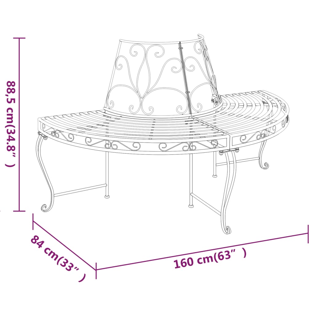 Benk halvrund tre 2 stk Ø160 cm svart stål